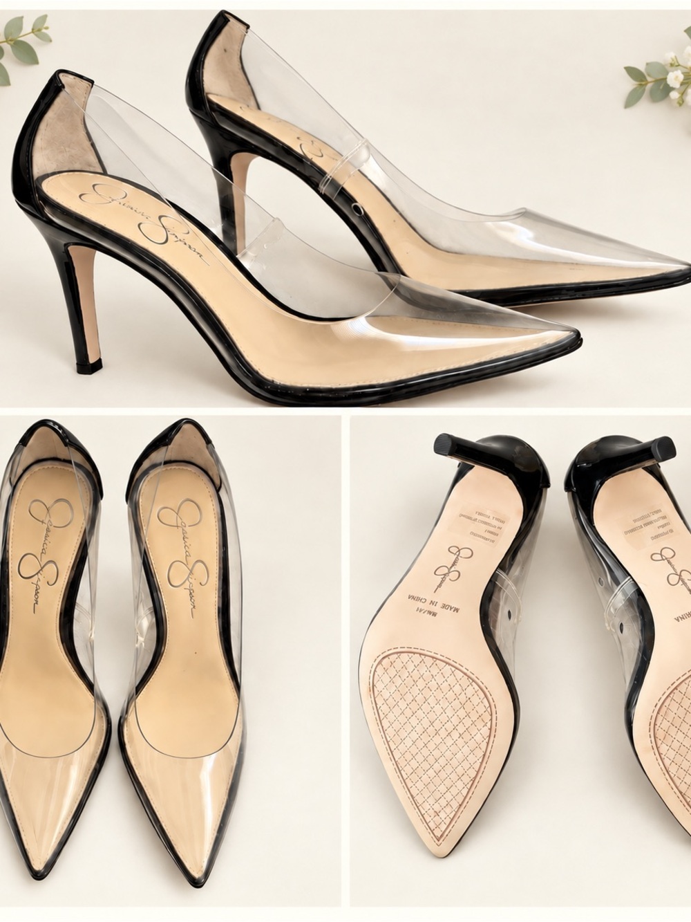 Jessica Simpson Black Trim Clear Pointed-Toe Stiletto Pumps